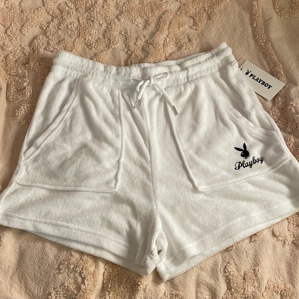 PLAYBOY White Terry Cloth Lounge Shorts with Black Logo